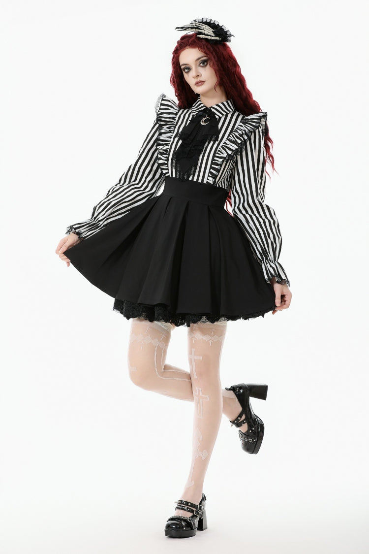 Black/White Striped Lapel Collar Long Sleeves Moon Lace Bow Ruffled Pleated Women's Gothic Dress - Product - 9