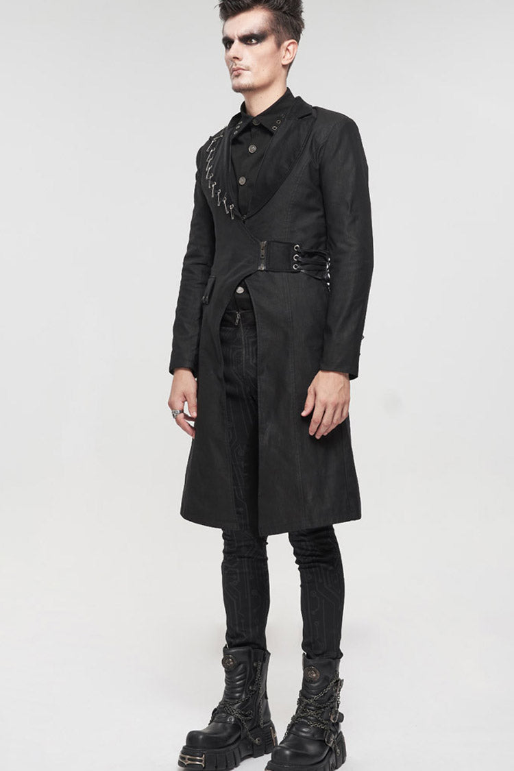 Black Punk Twill Imitation Leather Metal Pin Decoration Drawstring Design Long Men's Coat - Product - 6