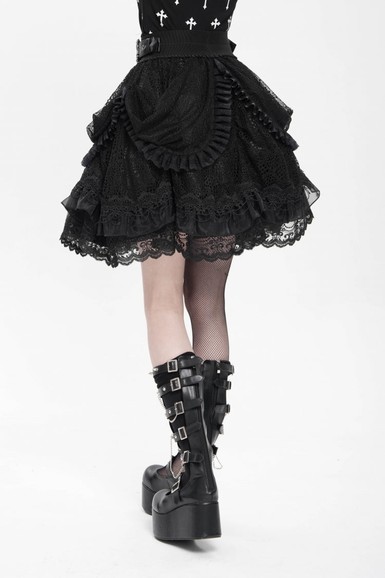 Black Multi-Layered Ruffle Buckle Straps Women's Gothic Skirt - Product - 3