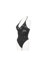 Black Mesh Irregular Printed Skull Halter Women's Gothic One Piece Swimsuit - Product - 6