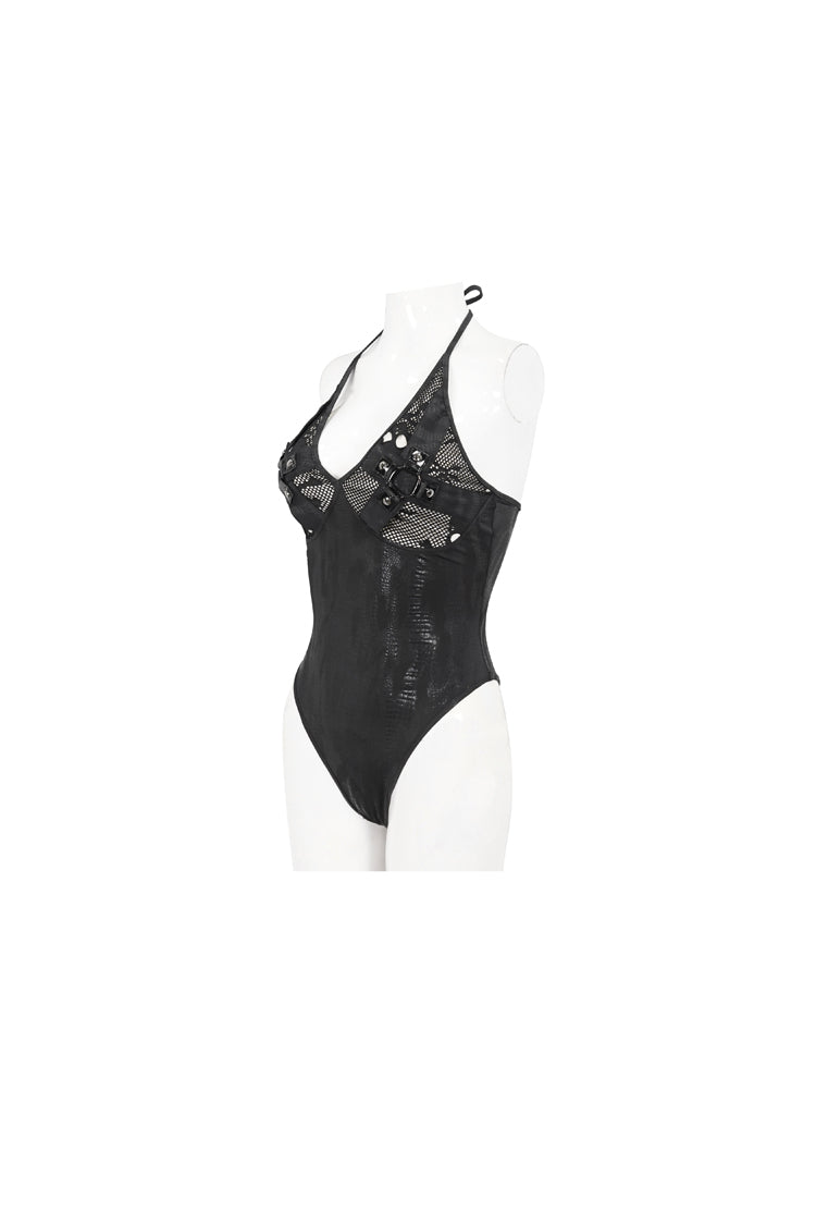 Black Mesh Irregular Printed Skull Halter Women's Gothic One Piece Swimsuit - Product - 6