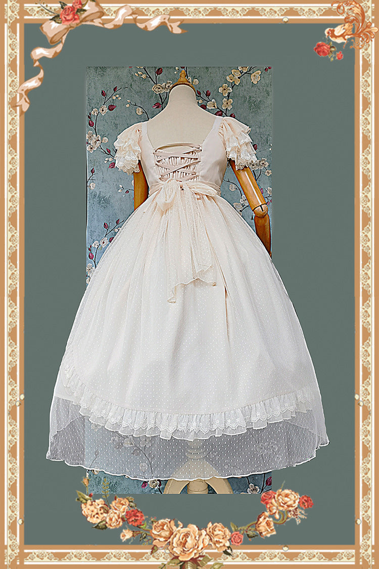 Apricot [Moon goddess *Mediana*] Polka Dot Print Ruffle Bowknot Asymmetric Sweet Elegant Lolita Dress - Product - 15
