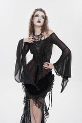Black/Red Off Shoulder Long Trumpet Sleeves Ruffled Embroidered Lace-Up Women's Gothic Blouse - Product - 2