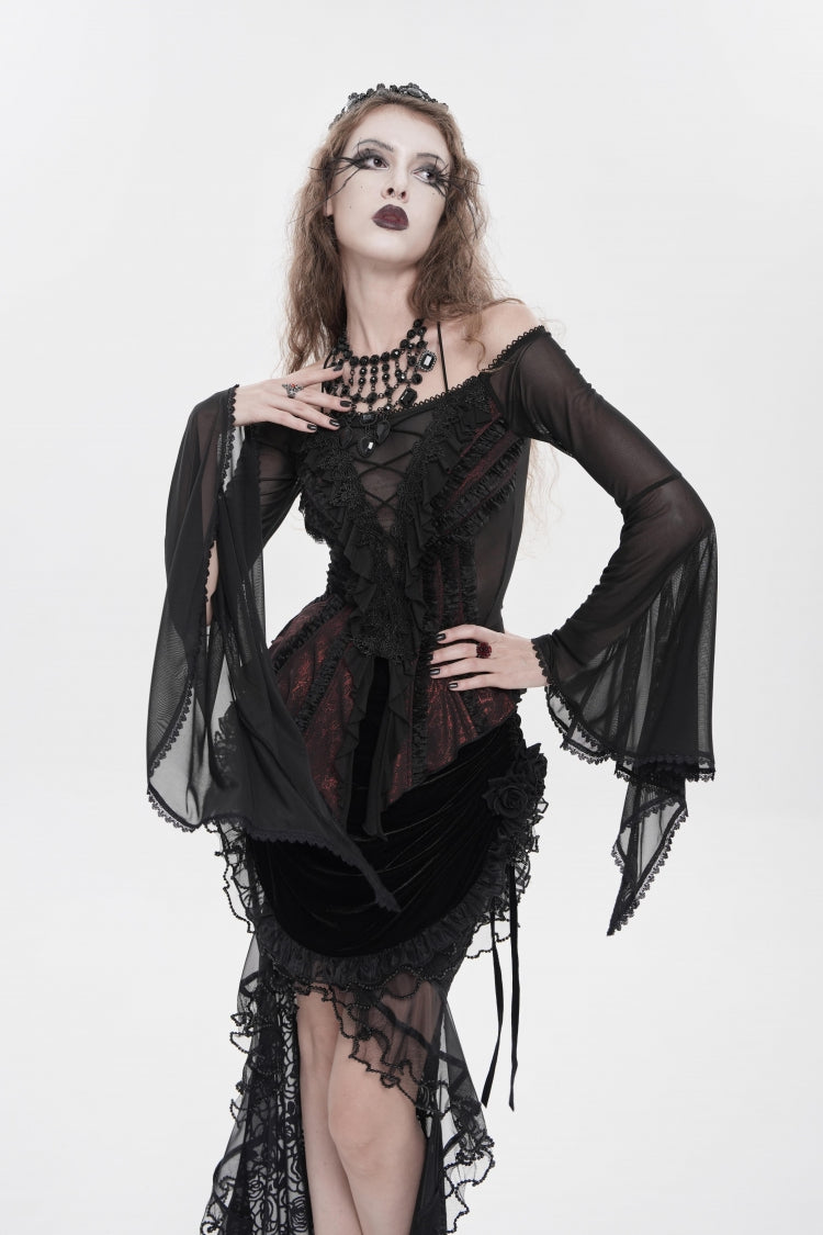 Black/Red Off Shoulder Long Trumpet Sleeves Ruffled Embroidered Lace-Up Women's Gothic Blouse - Product - 2