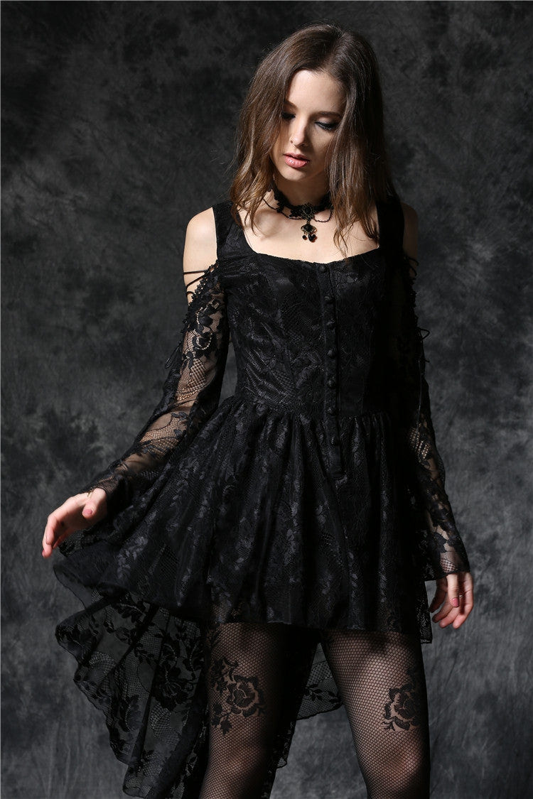 Black Square Collar Long Sleeves Overlay Embroidered Lace Women's Gothic Dress - Product - 7
