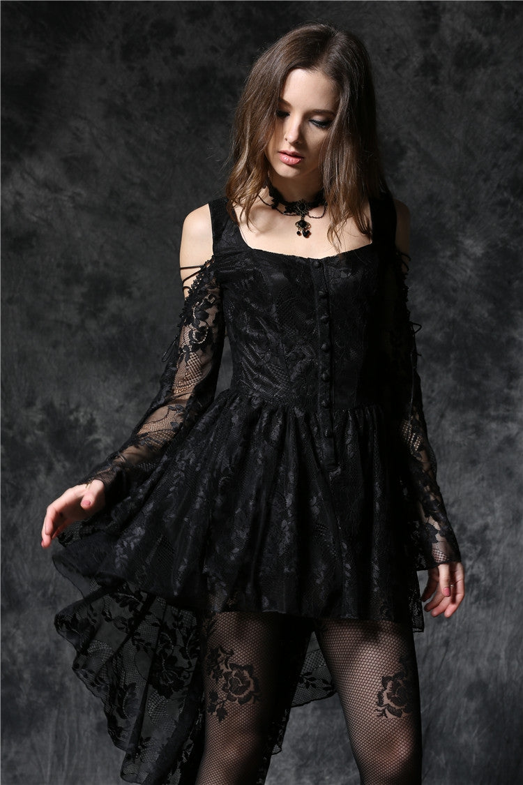 Black Square Collar Long Sleeves Overlay Embroidered Lace Women's Gothic Dress - Product - 7