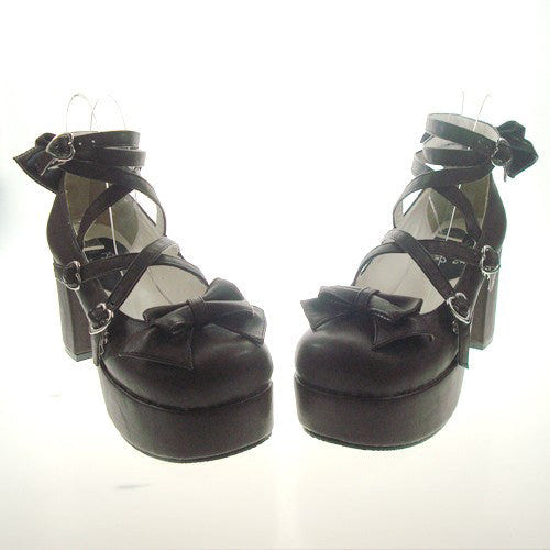 Brown Round Toe Cross Straps Platform Heel High Lolita Shoes - Product - 2