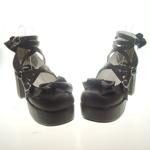 Brown Round Toe Cross Straps Platform Heel High Lolita Shoes - Product - 2