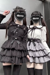 Jirai Kei Doll Collar Long Sleeves Triple-Layered Ruffled Bow Lace Japanese Skirt Blouse Set 2 Colors - Black-Set(Black-Blouse+Black-Skirt) - 1