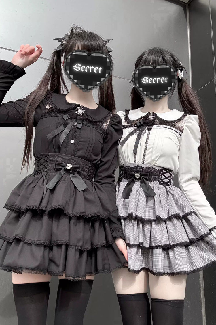 Jirai Kei Doll Collar Long Sleeves Triple-Layered Ruffled Bow Lace Japanese Skirt Blouse Set 2 Colors - Black-Set(Black-Blouse+Black-Skirt) - 1