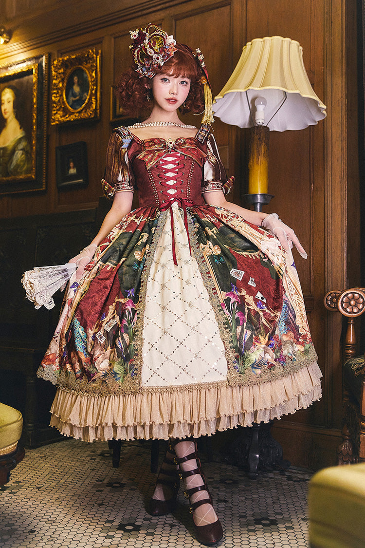 Red [Kaleidoscope of Dreams] Double-Layered Print Embroidery Bowknot Lace-Up Classic Vintage Gorgeous Lolita Dress - Red - 1