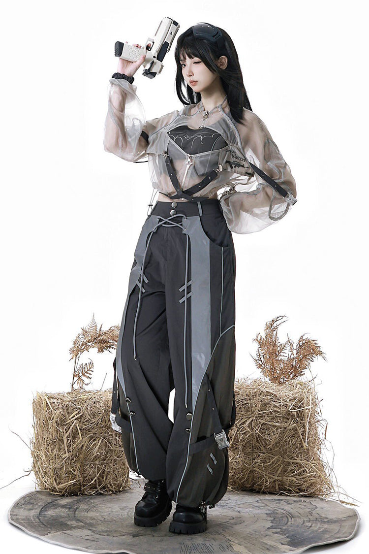 Black [Infinite Battlefield] Long Sleeves Printed Techwear Style Gothic Handsome Ouji Lolita Set - Product - 9