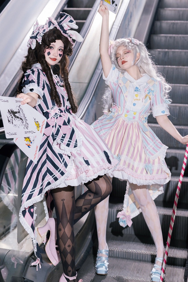 Blue/Pink Short Sleeves Weird Theater Print Ruffle Bowknot Sweet Lolita Dress - Product - 7
