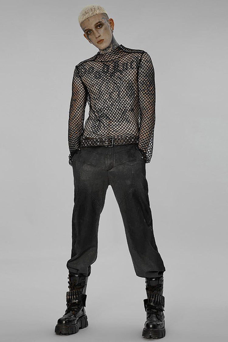 Black Punk Mesh See Through Sexy Long Sleeve Men's T-Shirt - Product - 4