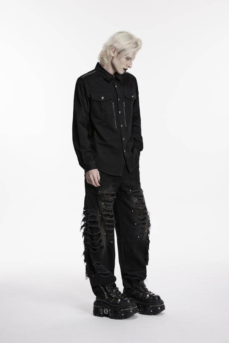 Black Lapel Collar Long Sleeves Zippered Men's Punk Cool Shirt - Product - 4