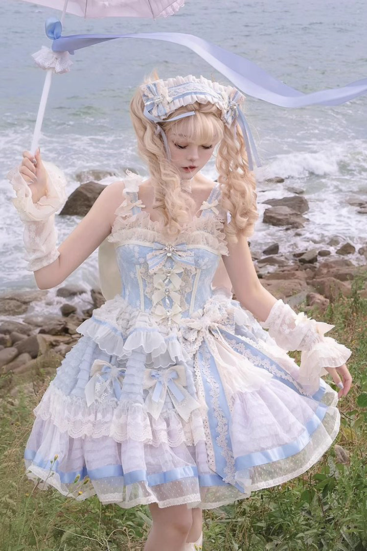 Blue [Moonstone] Sleeveless Ruffle Embroidery Bowknot Lace Fishbone Sweet Princess Lolita Dress - Product - 16