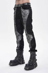 Grey Printed Cut-Out Spliced Color-Blocked Men's Punk Cool Pants - Product - 7