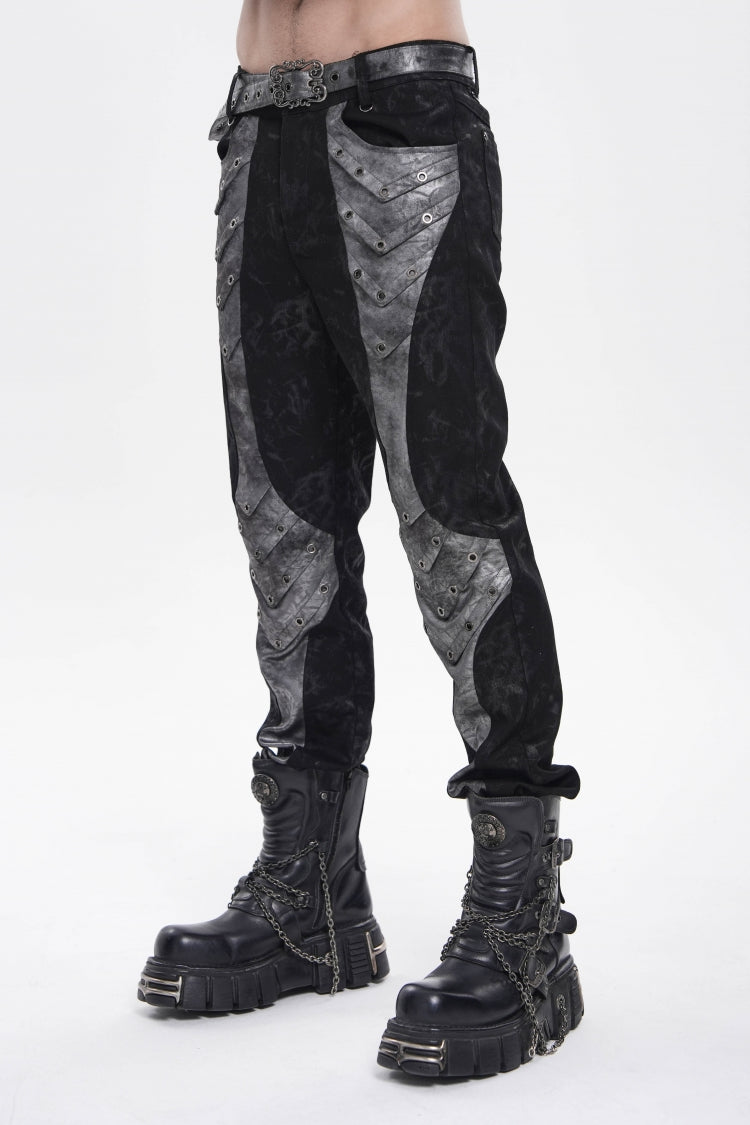 Grey Printed Cut-Out Spliced Color-Blocked Men's Punk Cool Pants - Product - 7