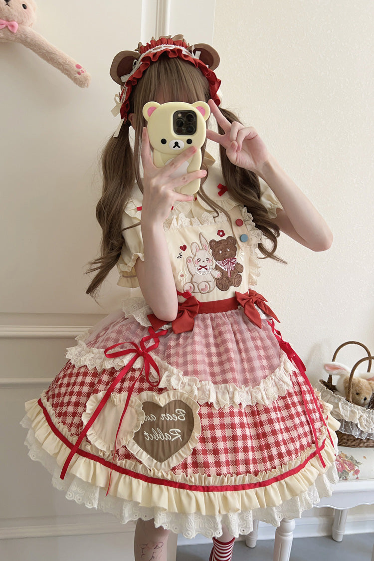 Rabbit Bear Diary Plaid Print Ruffle Bowknot Sweet Lolita Skirt 2 Colors (Blouse Included) - Red - 1