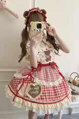 Rabbit Bear Diary Plaid Print Ruffle Bowknot Sweet Lolita Skirt 2 Colors (Blouse Included) - Red - 1