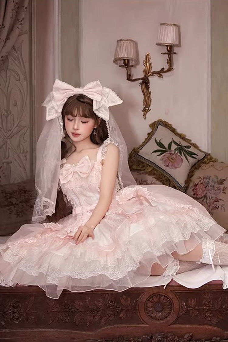 Pink [Candy Flavor] Square Collar Sleeveless Ruffled Bow Lace Sweet Gorgeous Lolita Jsk Dress - Product - 4