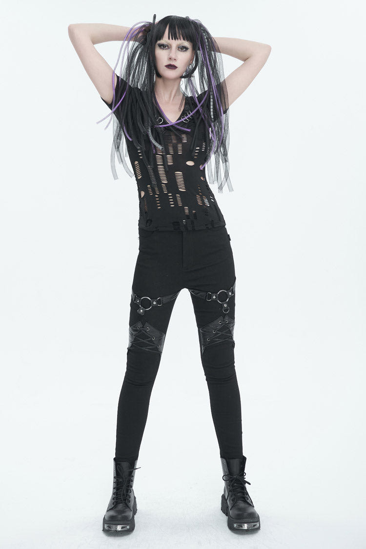 Black Slightly Elastic Twill Pu Tie Rope Decoration Women's Punk Trousers - Product - 5