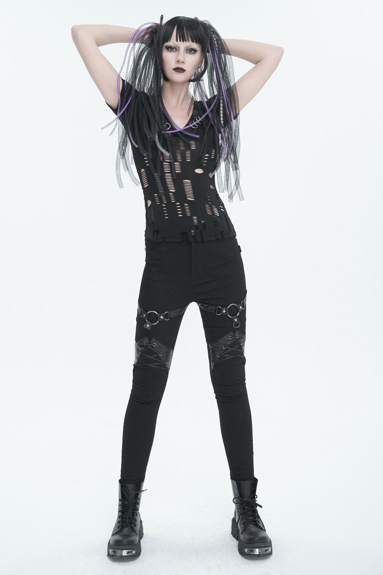 Black Slightly Elastic Twill Pu Tie Rope Decoration Women's Punk Trousers - Product - 5