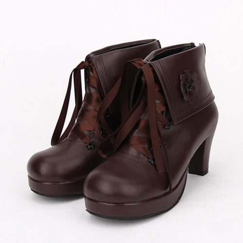 Brown Lace Up High Heel Classic Lolita Short Boots - Product - 2