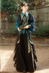 Black/Green Round Collar Long Sleeves Ruffle Embroidery Chinese Style Vintage Handsome Ouji Lolita Set - Product - 9