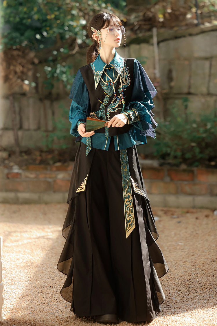 Black/Green Round Collar Long Sleeves Ruffle Embroidery Chinese Style Vintage Handsome Ouji Lolita Set - Product - 9