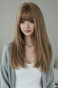 Perruque lisse longue en lin marron style doux quotidien coréen Lolita avec frange aérée vue de face
