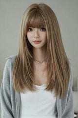 Korean Daily Sweet Style Flaxen Brown Long Layered Straight Lolita Wig with Airy Full Bangs - Flaxen-Brown - 1