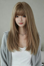 Perruque lisse longue en lin marron style doux quotidien coréen Lolita avec frange aérée vue de face
