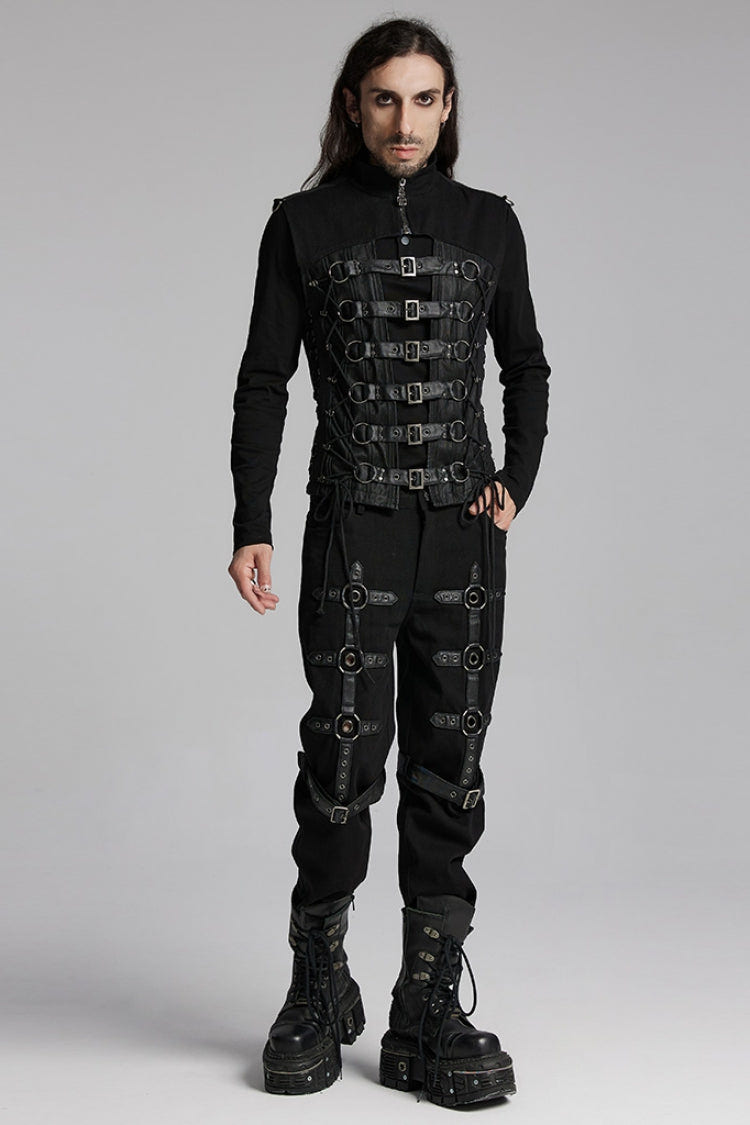 Black Cut-Out Buckled Strappy Spaghetti Men's Punk Vest - Product - 4