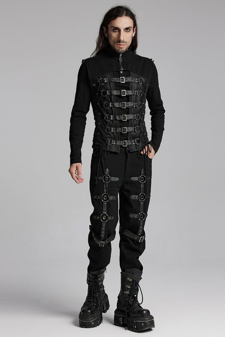 Black Cut-Out Buckled Strappy Spaghetti Men's Punk Vest - Product - 4