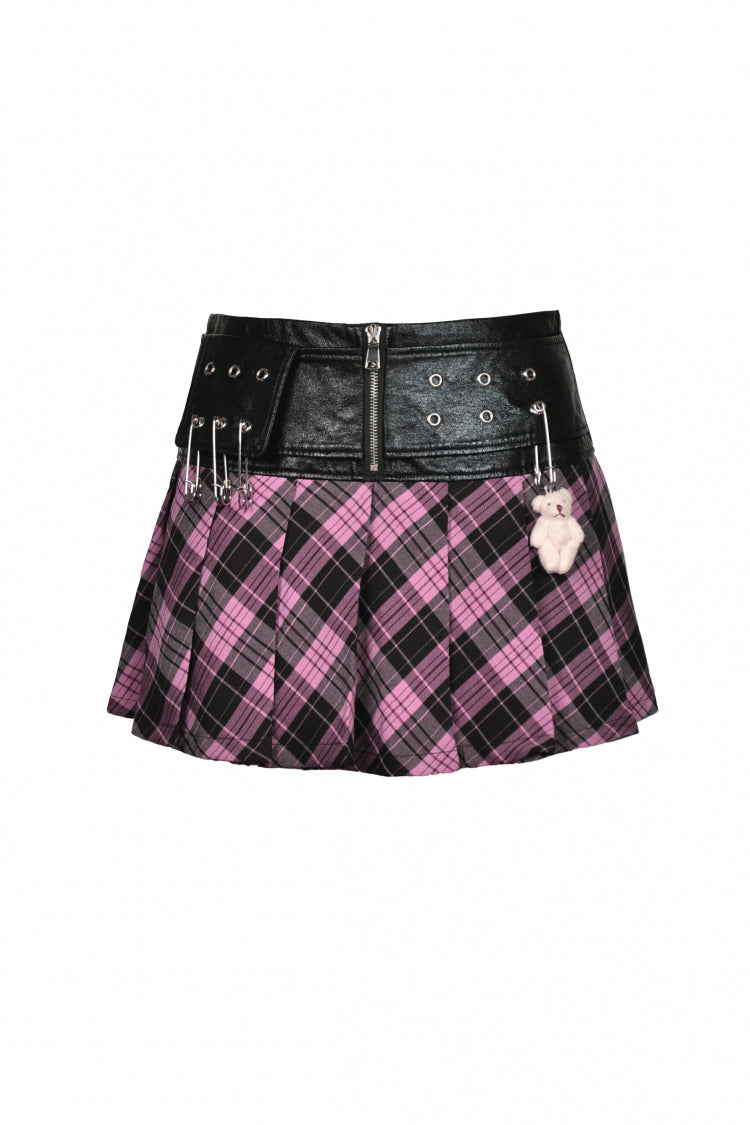 Black/Pink Women's Punk Grunge Zippered Faux Leather Spliced Plaid Pleated Mini Skirt - Product - 3