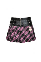 Black/Pink Women's Punk Grunge Zippered Faux Leather Spliced Plaid Pleated Mini Skirt - Product - 3