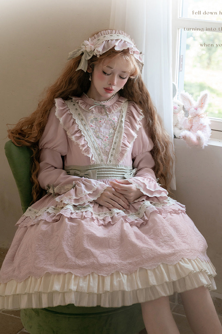 Pink [Solitary Orchid In Quiet Valley] Long Sleeves Multi-Layered Embroidery Bowknot Sweet Lolita Dress - Product - 5