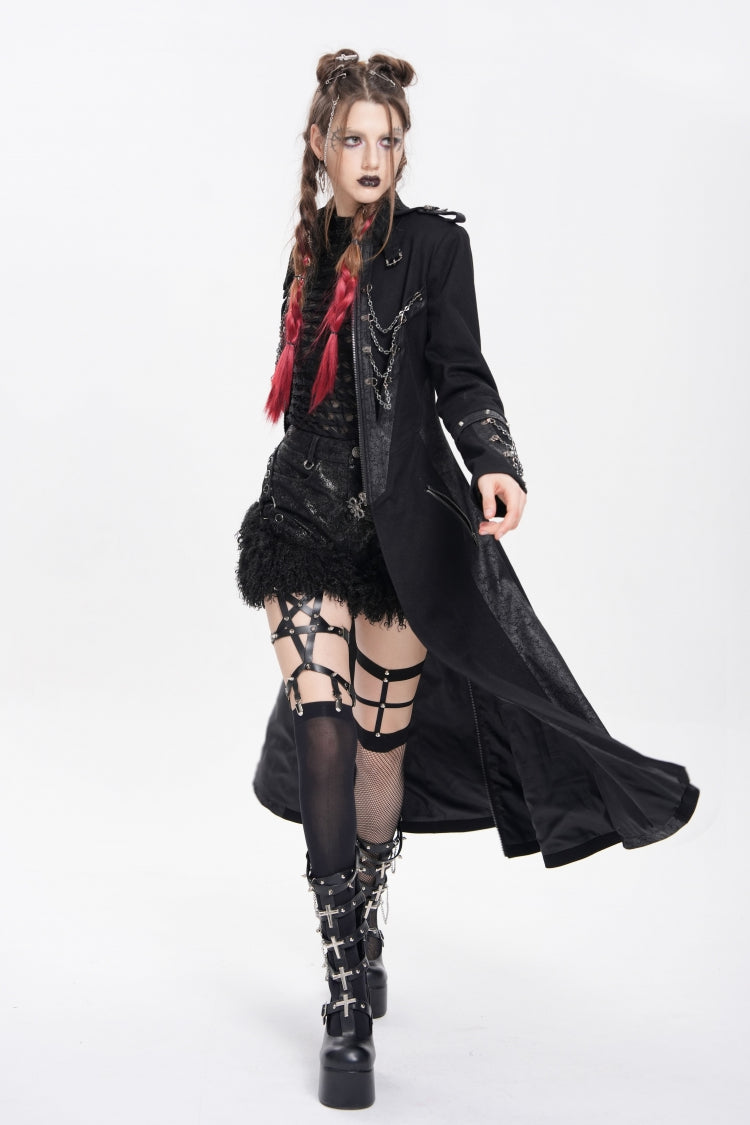 Black Stand Collar Long Sleeves Buckle Chain Women's Punk Jacket - Product - 9