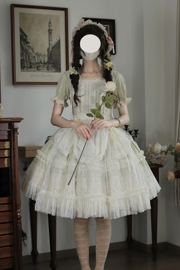 Muscat Green [Vintage Ball 3.0] Square Collar Short Sleeves Lace Pearl Detail Sweet Lolita Dress - Product - 6