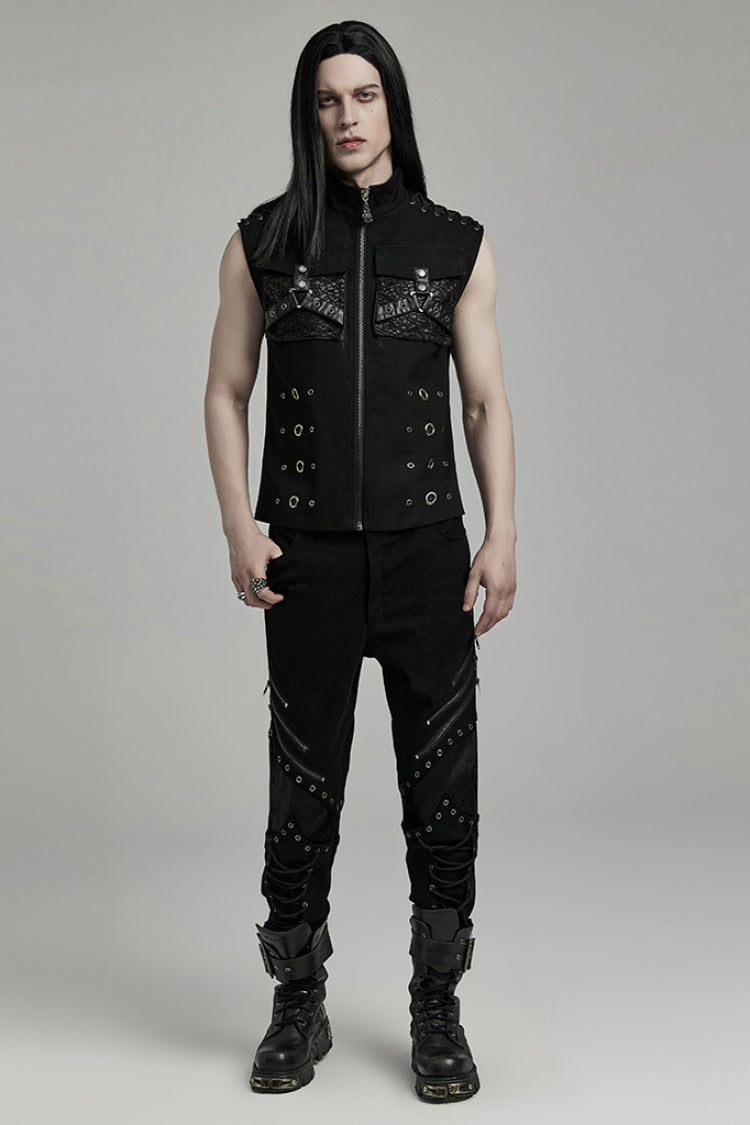 Black Stand Collar Stitching Slim Men's Punk Vest - Product - 4