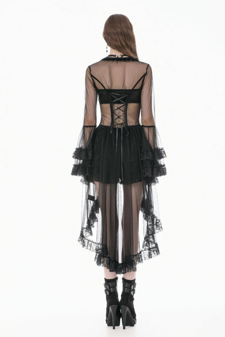 Black Deep-V Ruffled Long Flare Sleeves Sheer Lace Patchwork Lace-Up Women's Gothic Duster - Product - 12