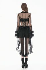 Black Deep-V Ruffled Long Flare Sleeves Sheer Lace Patchwork Lace-Up Women's Gothic Duster - Product - 12
