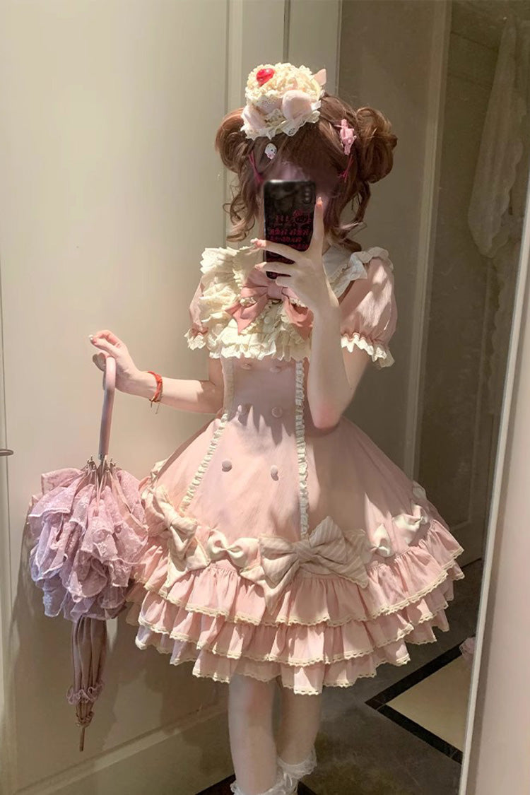 Pink Striped Layered Short Sleeves Multi-Layered Ruffle Bowknot Sweet Princess Tiered (Set) detail view 8