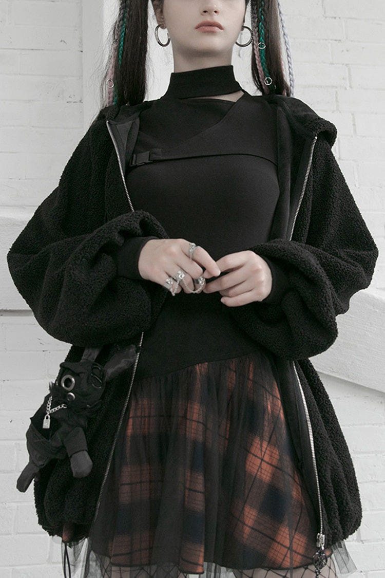Black/Red Lace Mesh Stitching Plaid Metal Buckle Decoration High Waist Women's Punk Short Skirt - Black/Red - 1
