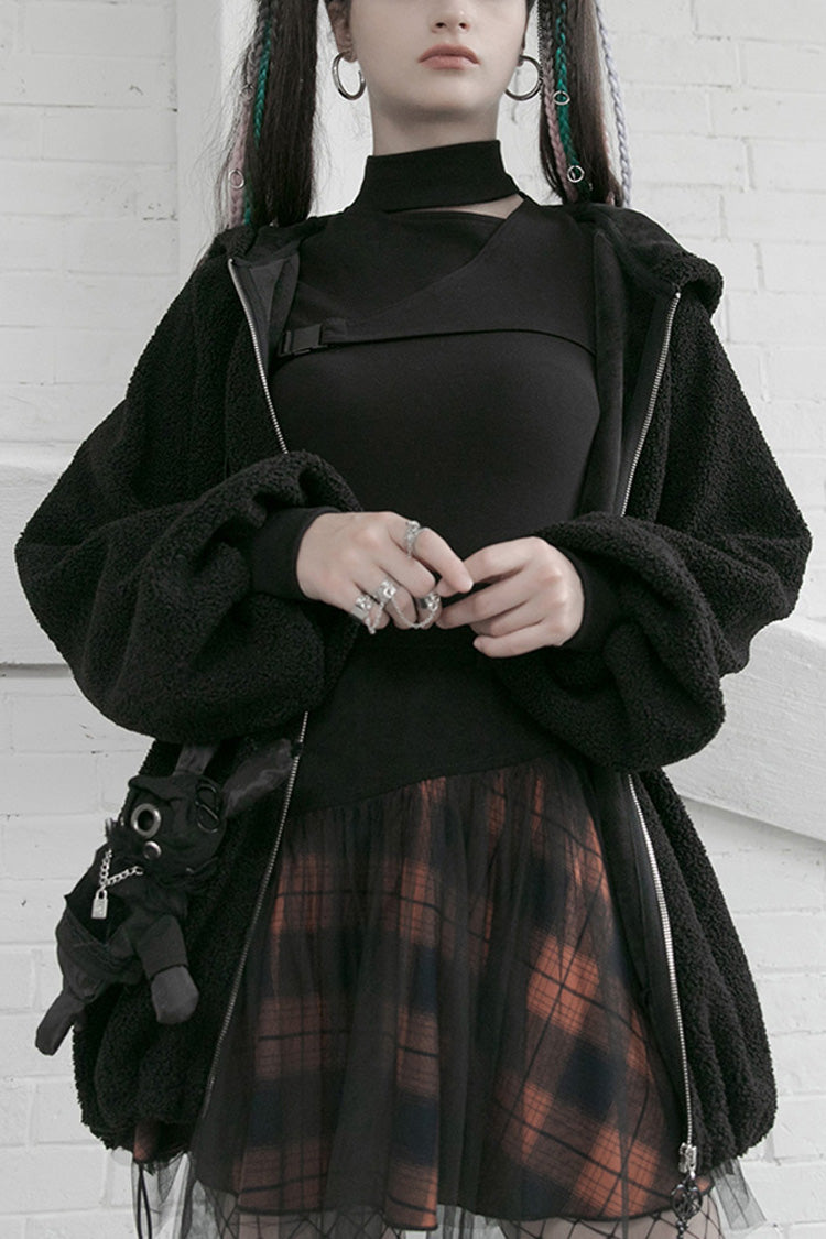 Black/Red Lace Mesh Stitching Plaid Metal Buckle Decoration High Waist Women's Punk Short Skirt - Black/Red - 1