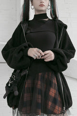 Black/Red Lace Mesh Stitching Plaid Metal Buckle Decoration High Waist Women's Punk Short Skirt - Black/Red - 1