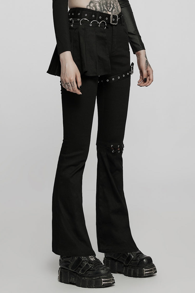 Black Hollow Lace Slim Detachable Belt Women's Steampunk Flared Leggings - Product - 2