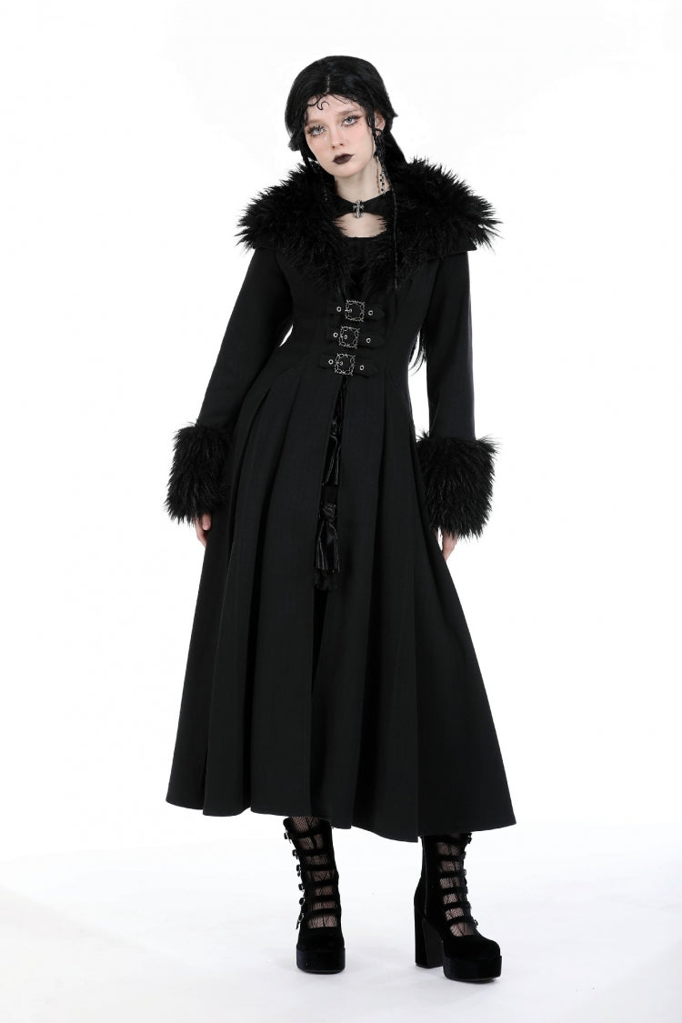 Black Long Sleeves Lace-Up Buckled Women's Gothic Draped Coat with Faux Fur Collar - Product - 10