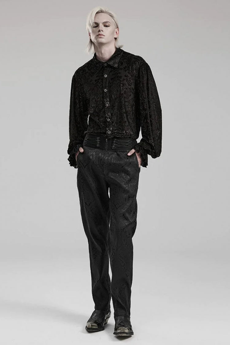 Black Lapel Collar Long Trumpet Sleeves Bronzing Pattern Print Mens Gothic Gorgeous Blouse - Product - 4